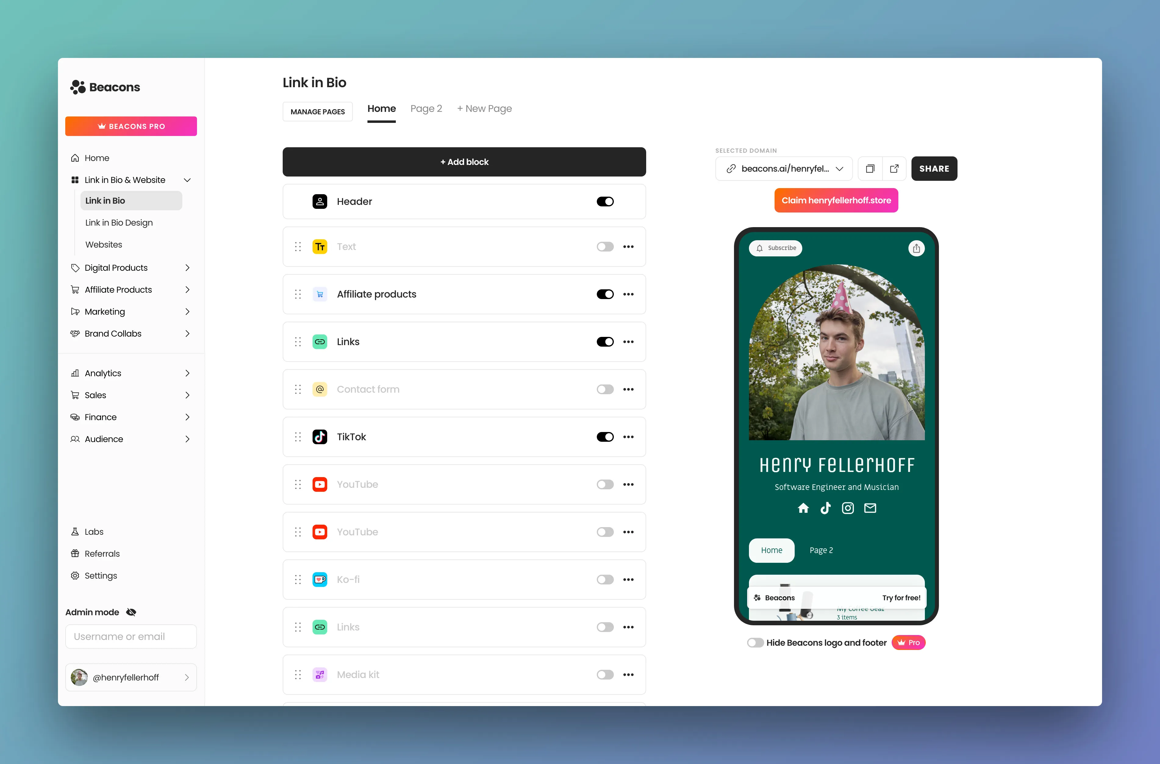 Screenshot of the Beacons link-in-bio builder