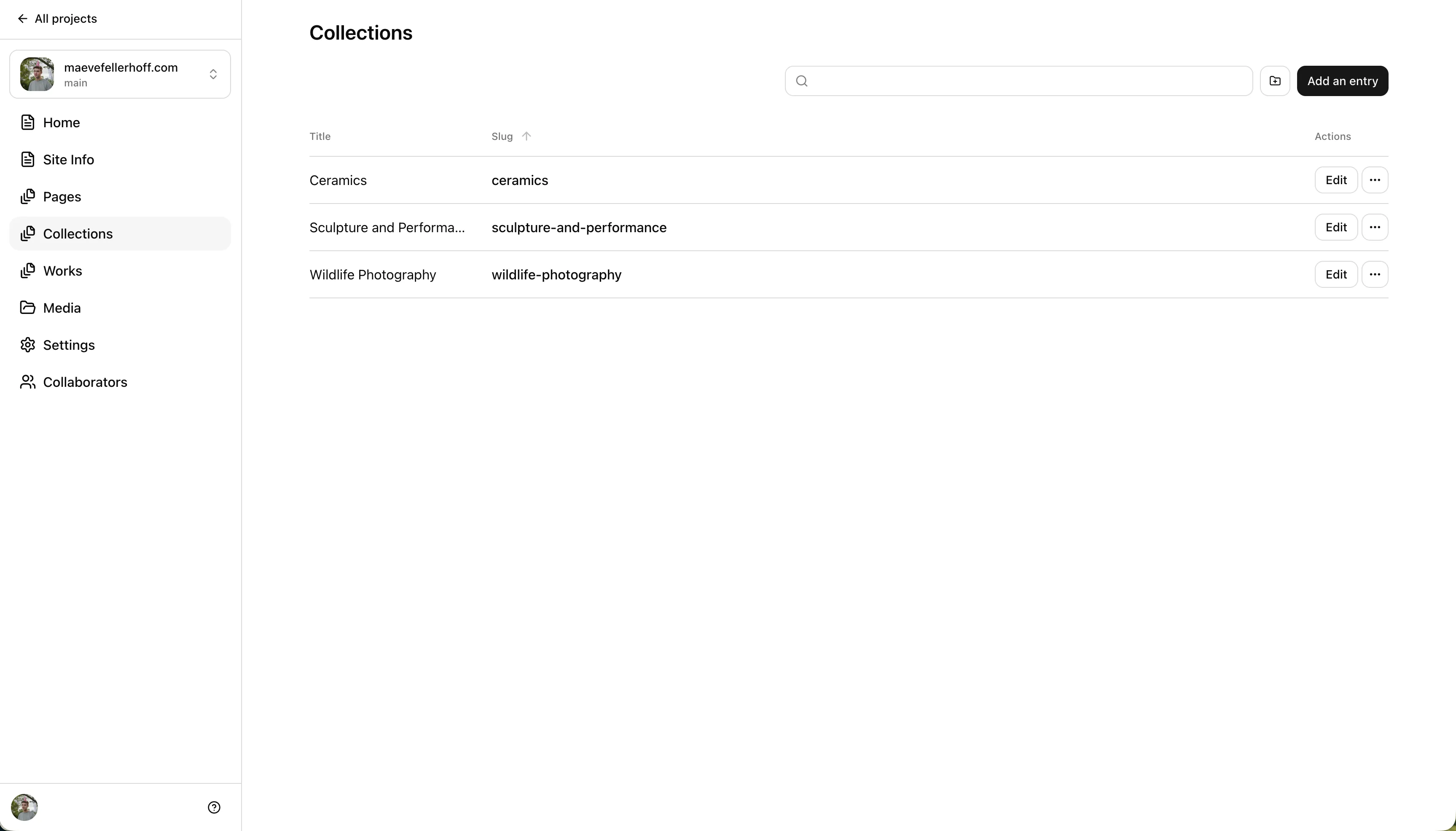 The PagesCMS editor open to the website's content collection