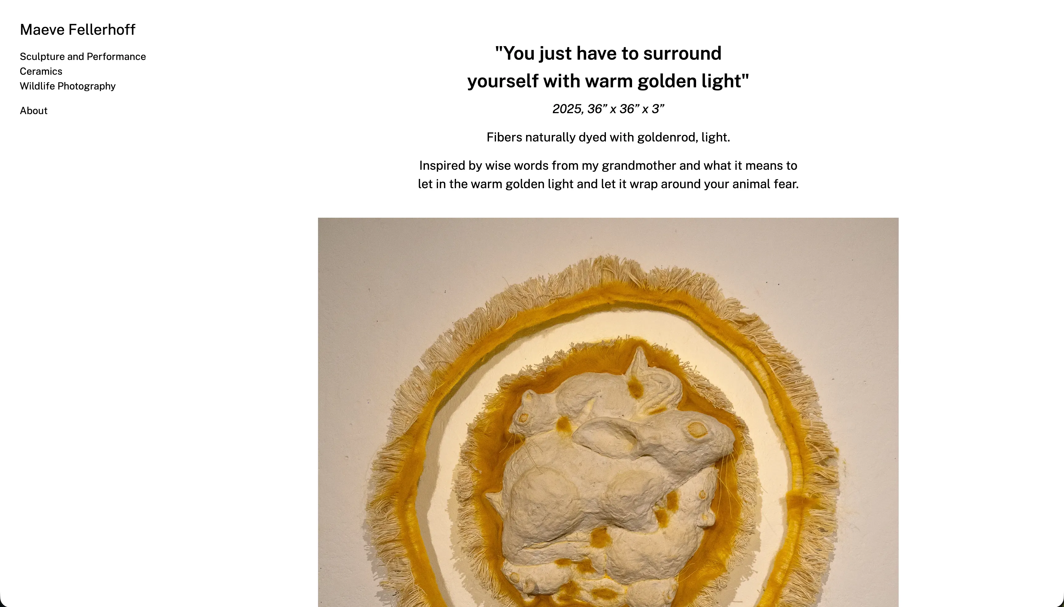 A screenshot of maevefellerhoff.com open to her work “You just have to surround yourself with warm golden light”.