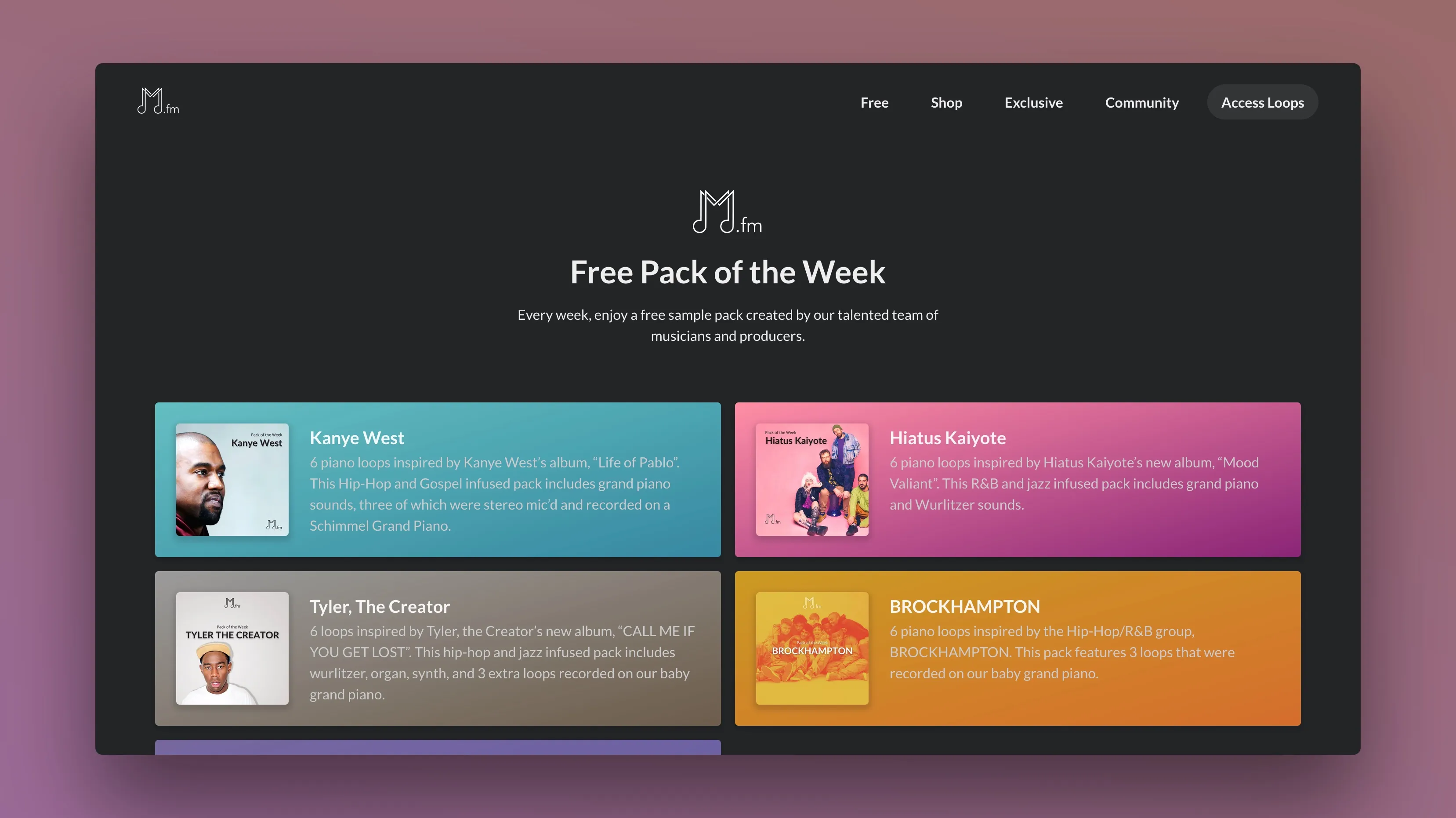Screenshot of the Modern.fm free pack of the week page