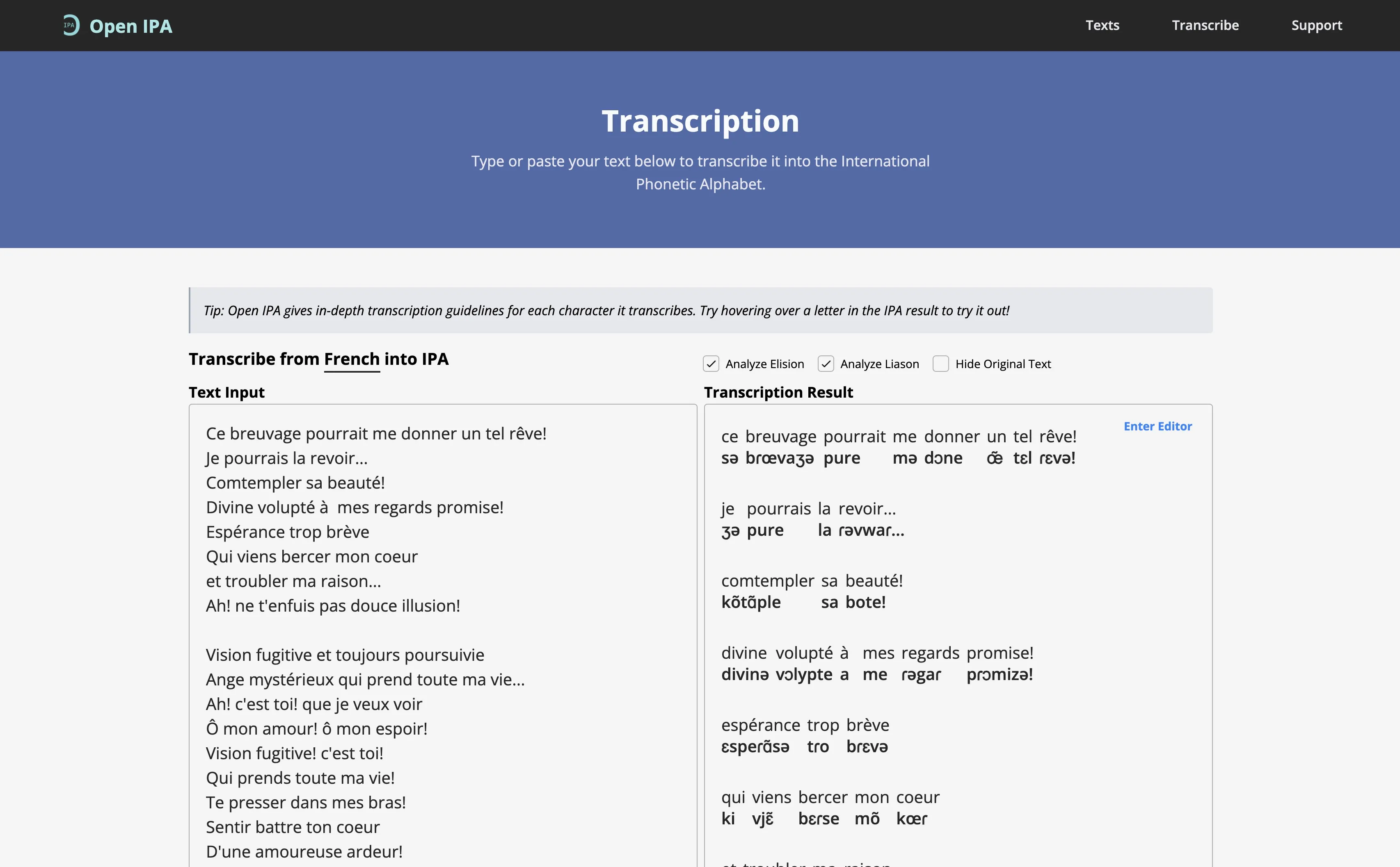 An example French transcription in Open IPA