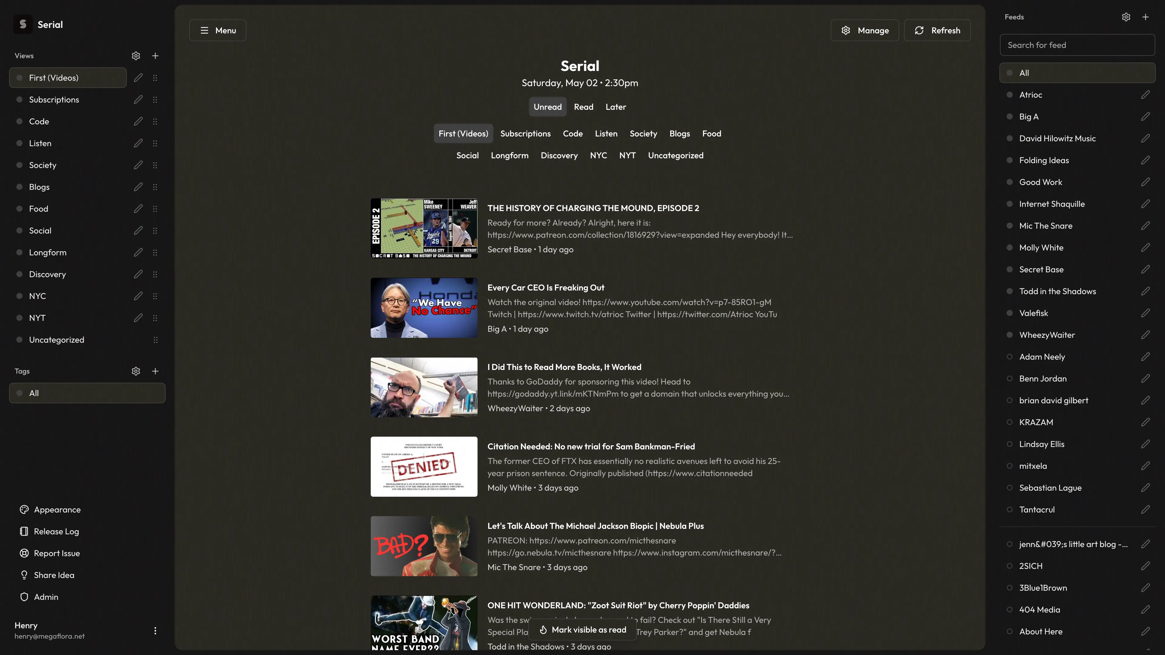 Screenshot of the Serial feed in dark mode
