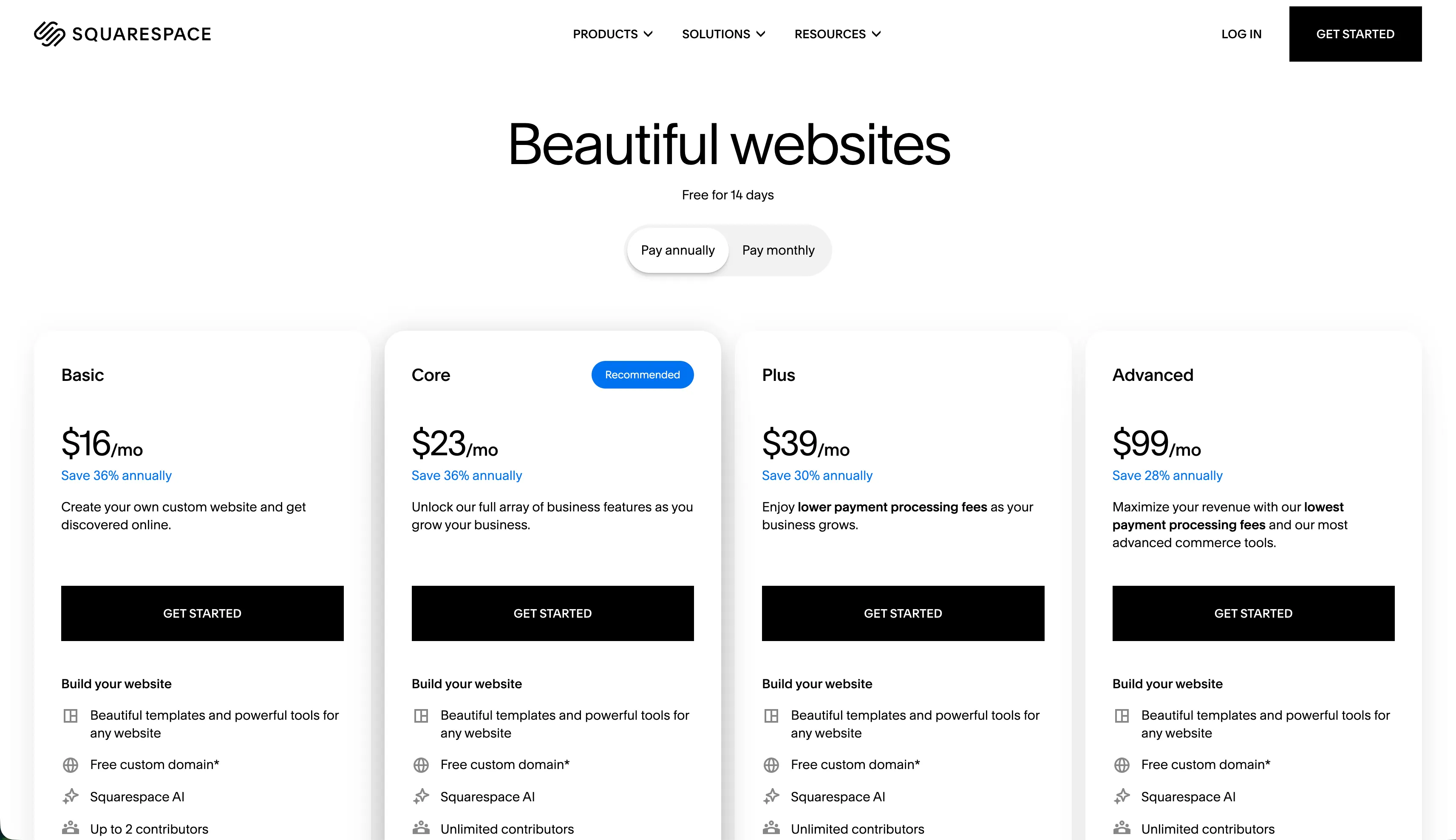 A screenshot of the Squarespace pricing page